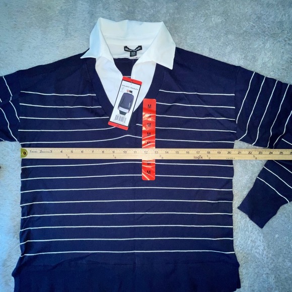 Hilary Radley Womens‎ Medium M Striped V Neck Pullover Sweater Shirt Collar - Picture 5 of 13